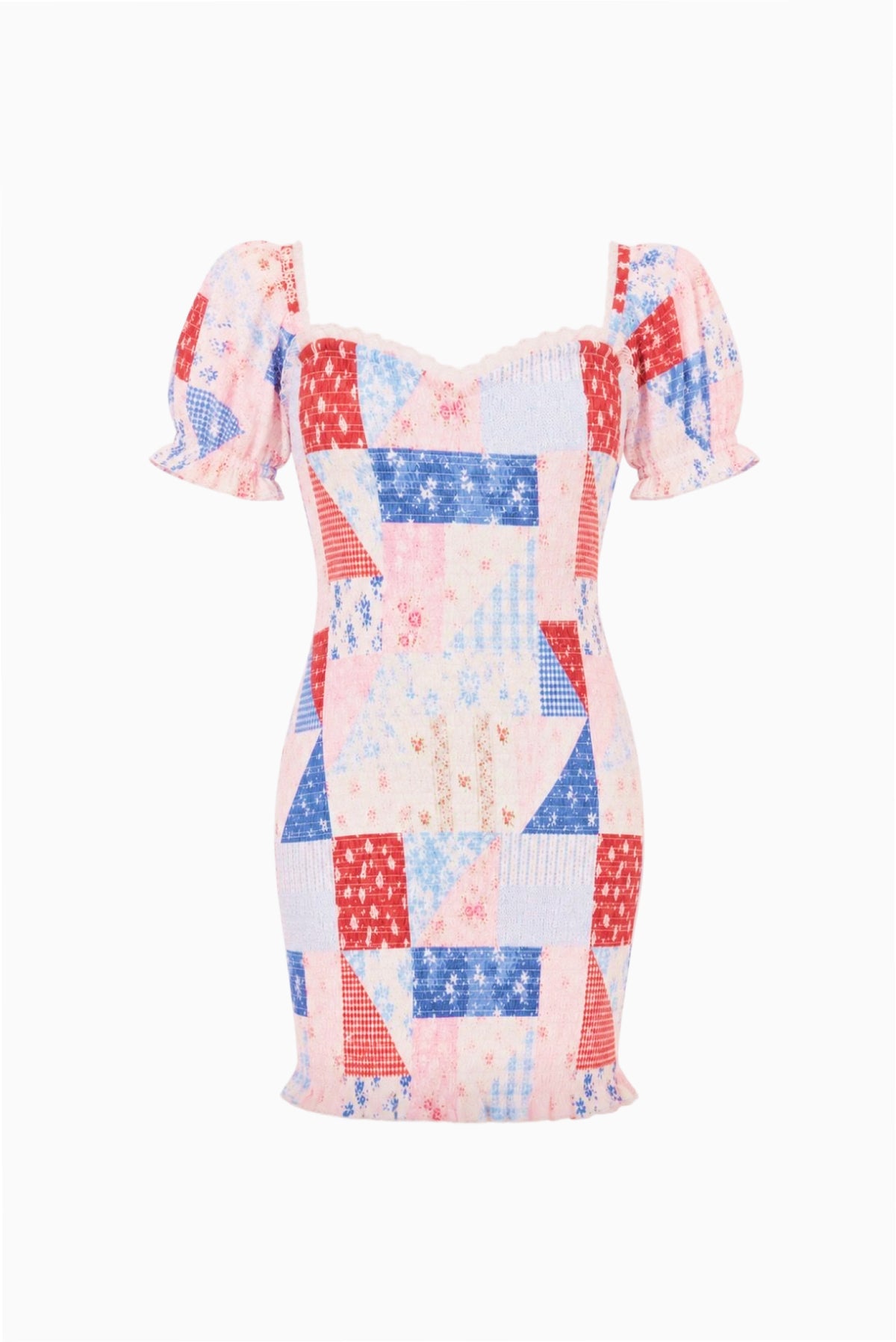 Tween patchwork mini dress with off-shoulder neckline, blue and red blocks, short puff sleeves