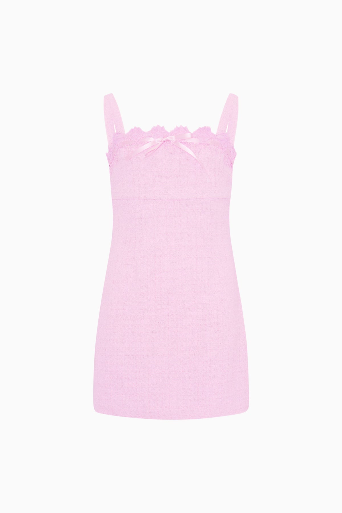 Pink sleeveless lace-trim mini dress with ruffled neckline