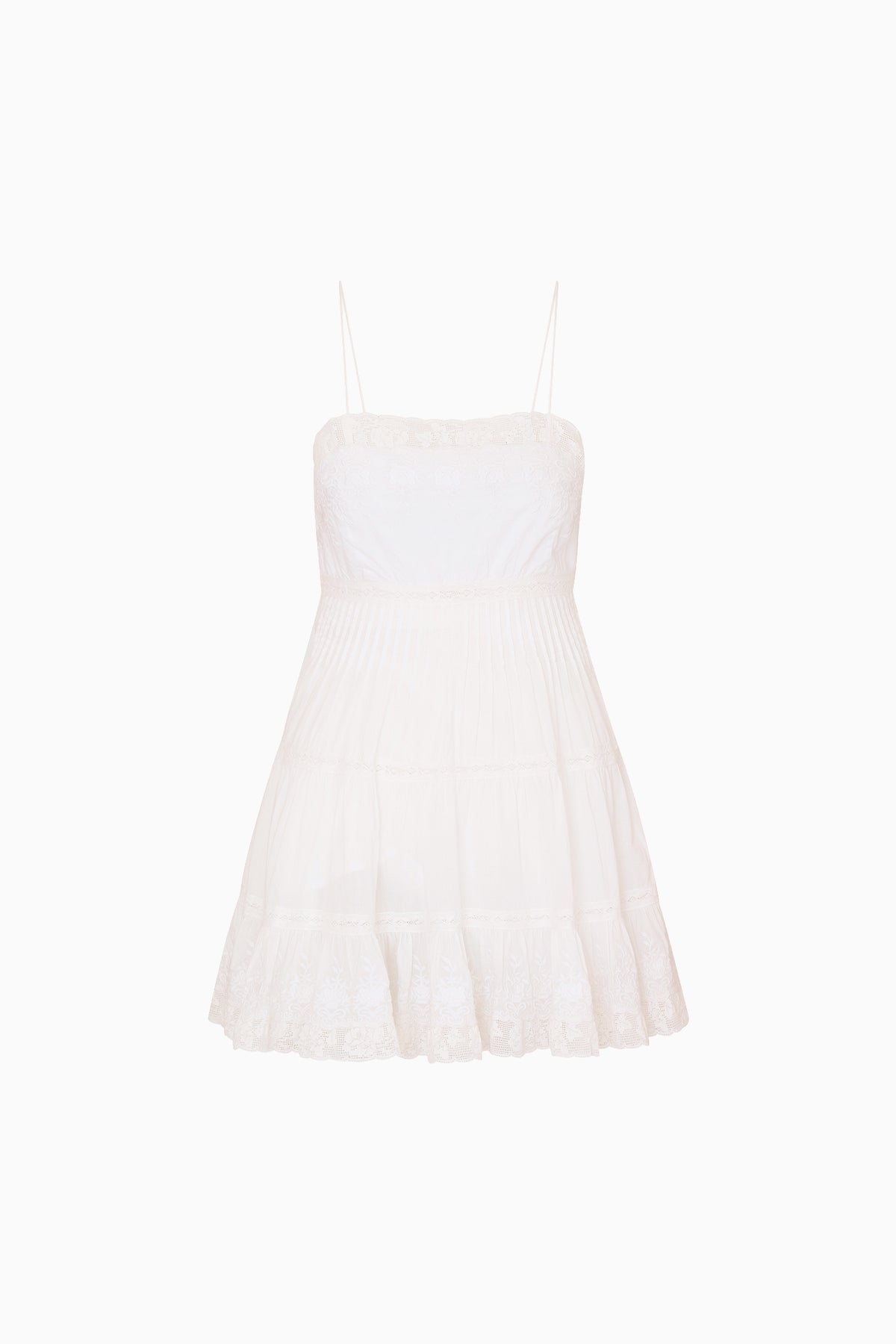 White cotton lace-trimmed cami dress with spaghetti straps and tiered skirt