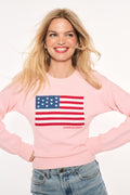 Blushing pink crewneck flag pullover sweater with USA-style flag print