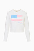 Ivory flag pullover sweater with blue-and-pink striped flag graphic on front