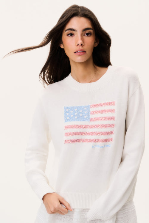 White knit pullover sweater with sparkling Americana flag graphic