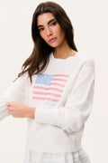 White knit pullover sweater with sparkling Americana flag front print
