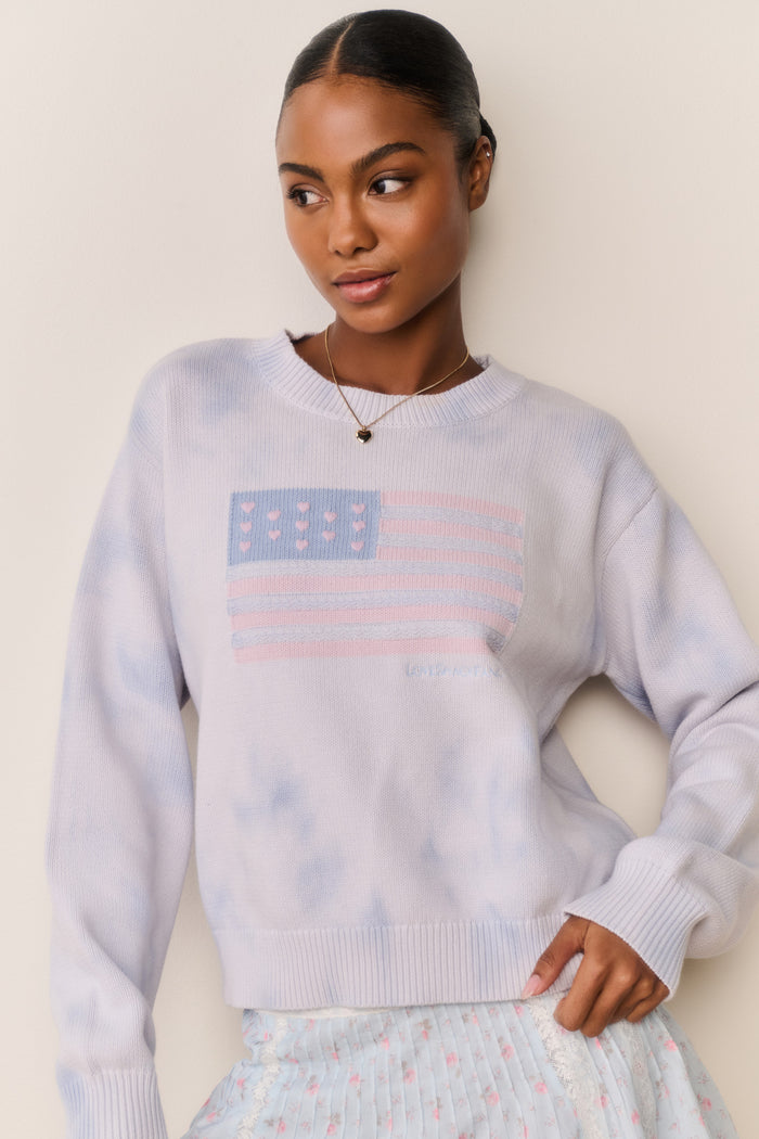 Light blue flag graphic pullover, crew neck and ribbed knit cuffs