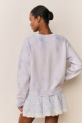 Light blue knit pullover with ribbed hem and cuffs, back view
