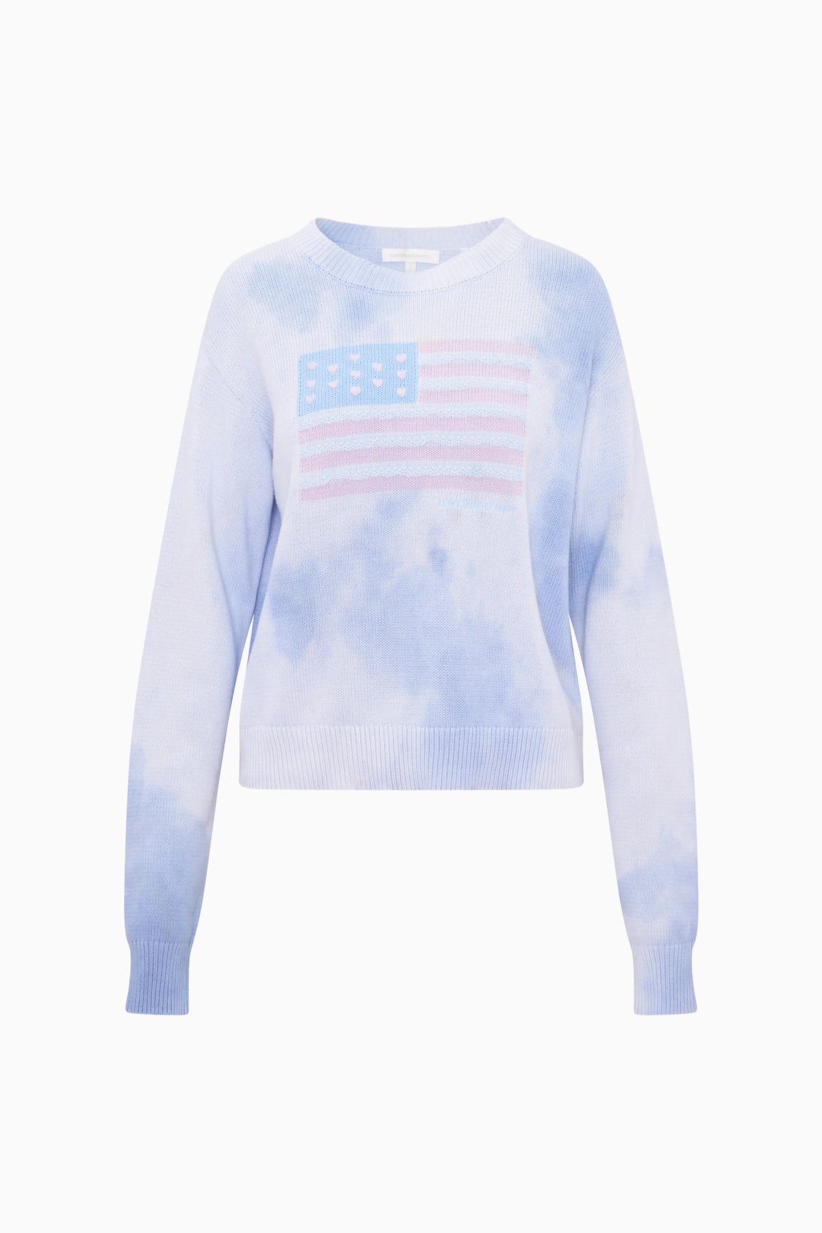 Light blue knit flag graphic pullover, crew neck, long sleeves, ribbed cuffs