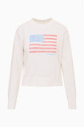 White knit pullover sweater with crew neck and Americana flag graphic