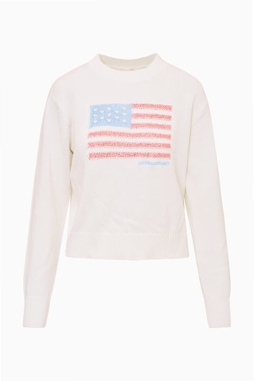 White knit pullover sweater with crew neck and Americana flag graphic - Customized