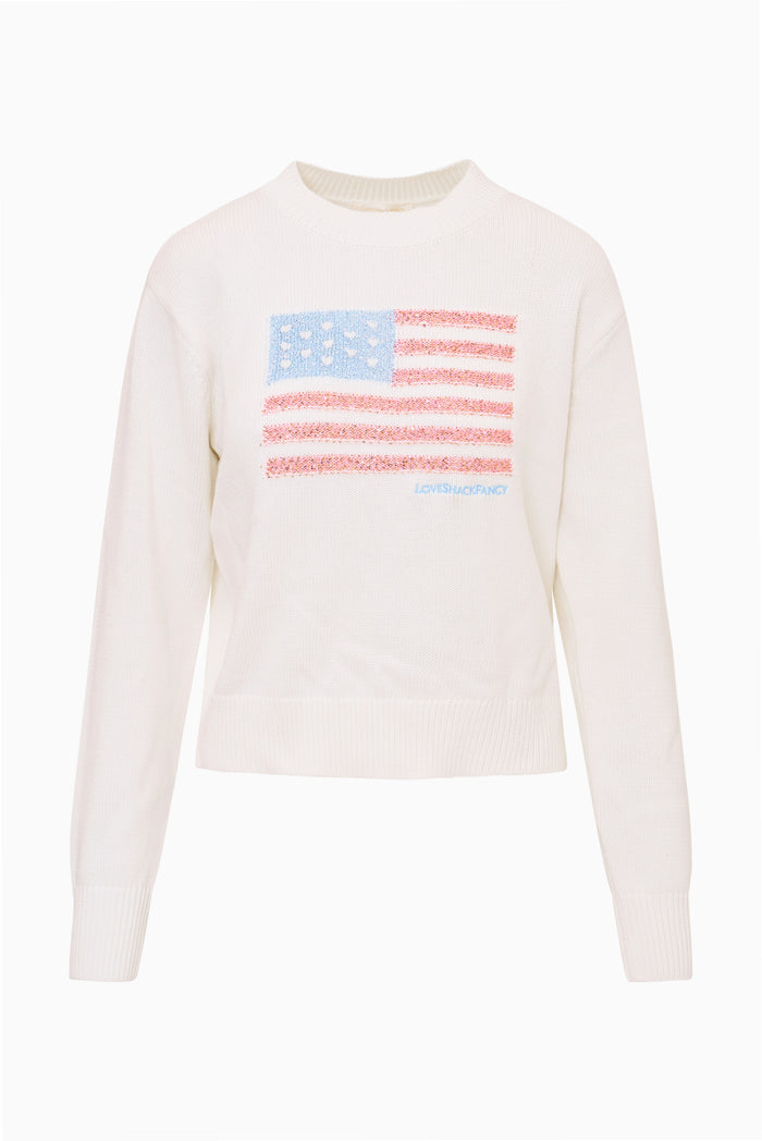 White knit pullover sweater with crew neck and Americana flag graphic - Customized