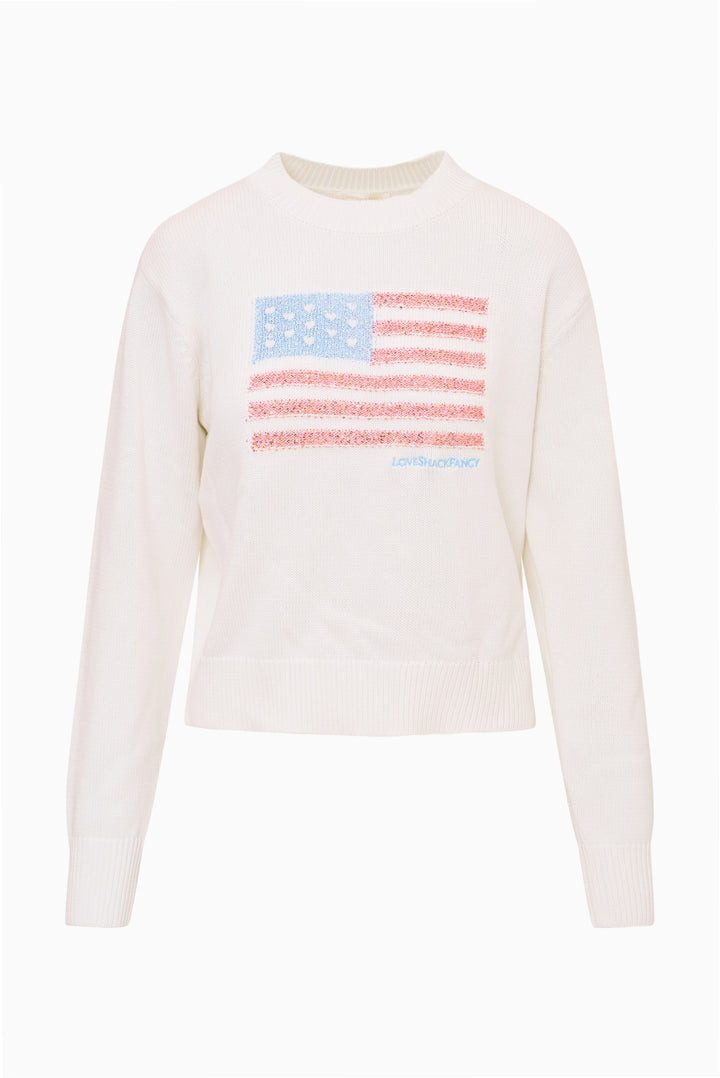 White knit pullover sweater with crew neck and Americana flag graphic
