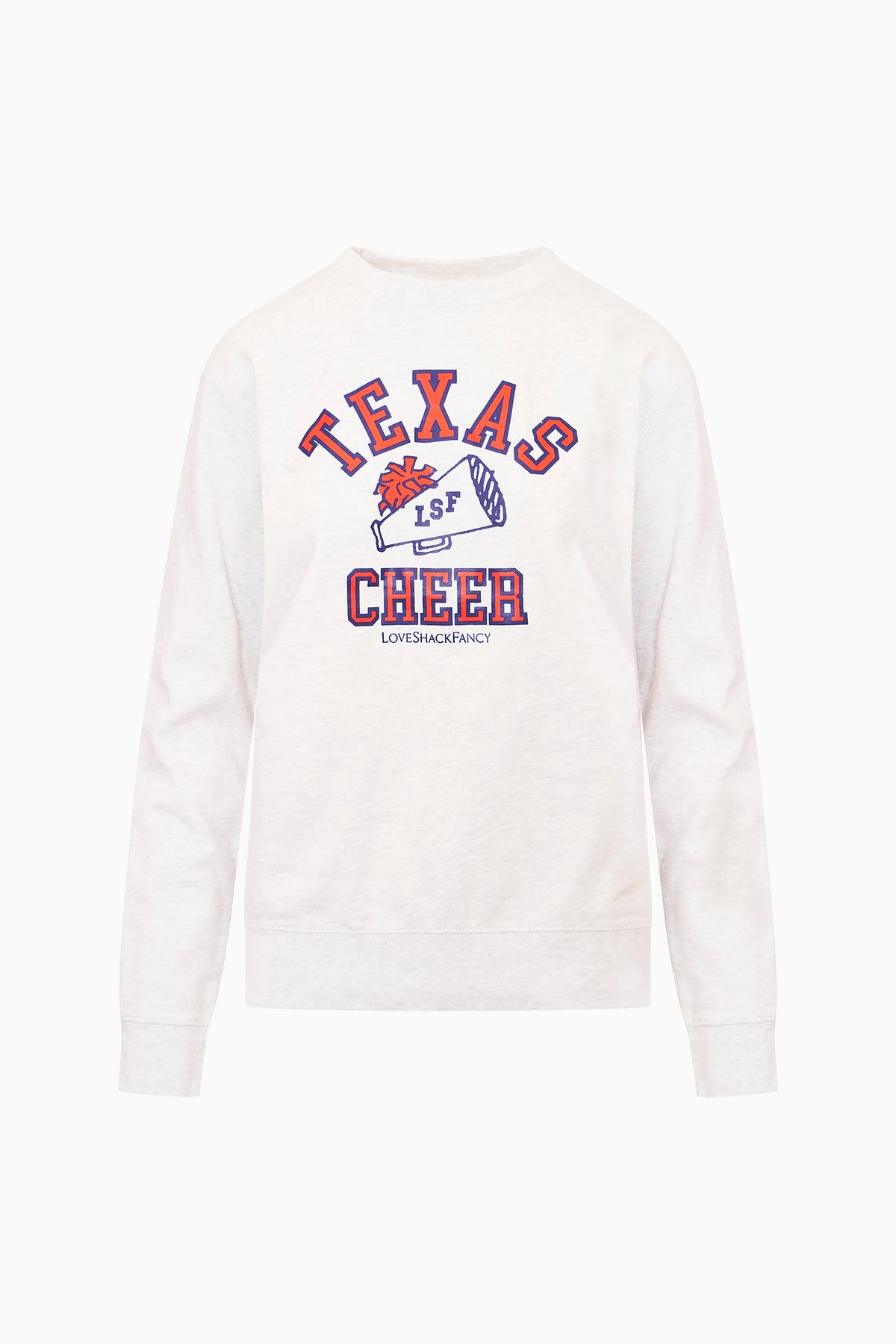 White Texas cheer pullover with 'TEXAS CHEER' front graphic
