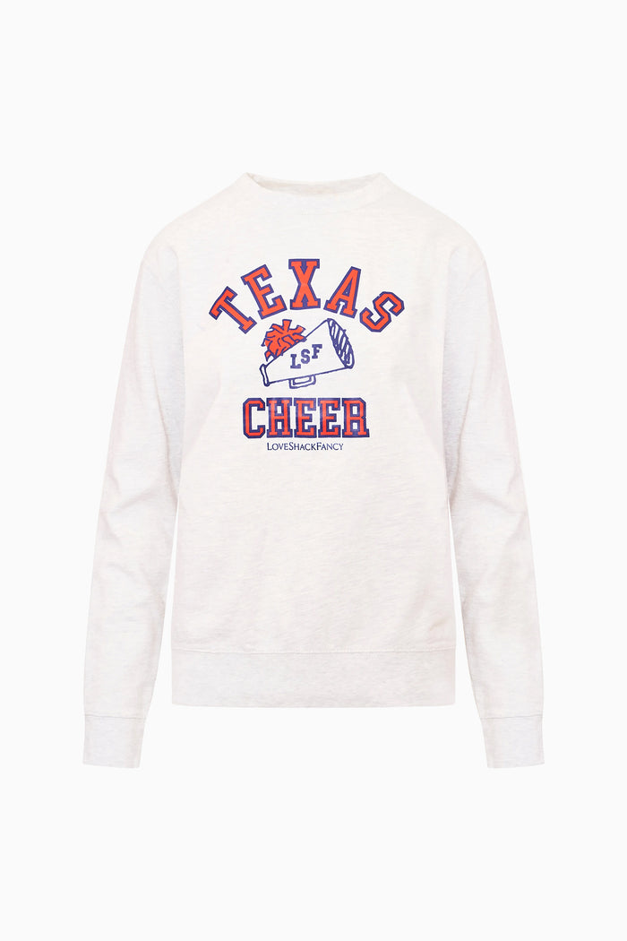 White Texas cheer pullover with 'TEXAS CHEER' front graphic