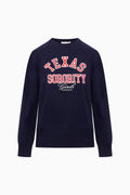 Navy long-sleeve sorority pullover with 'TEXAS SORORITY' front graphic