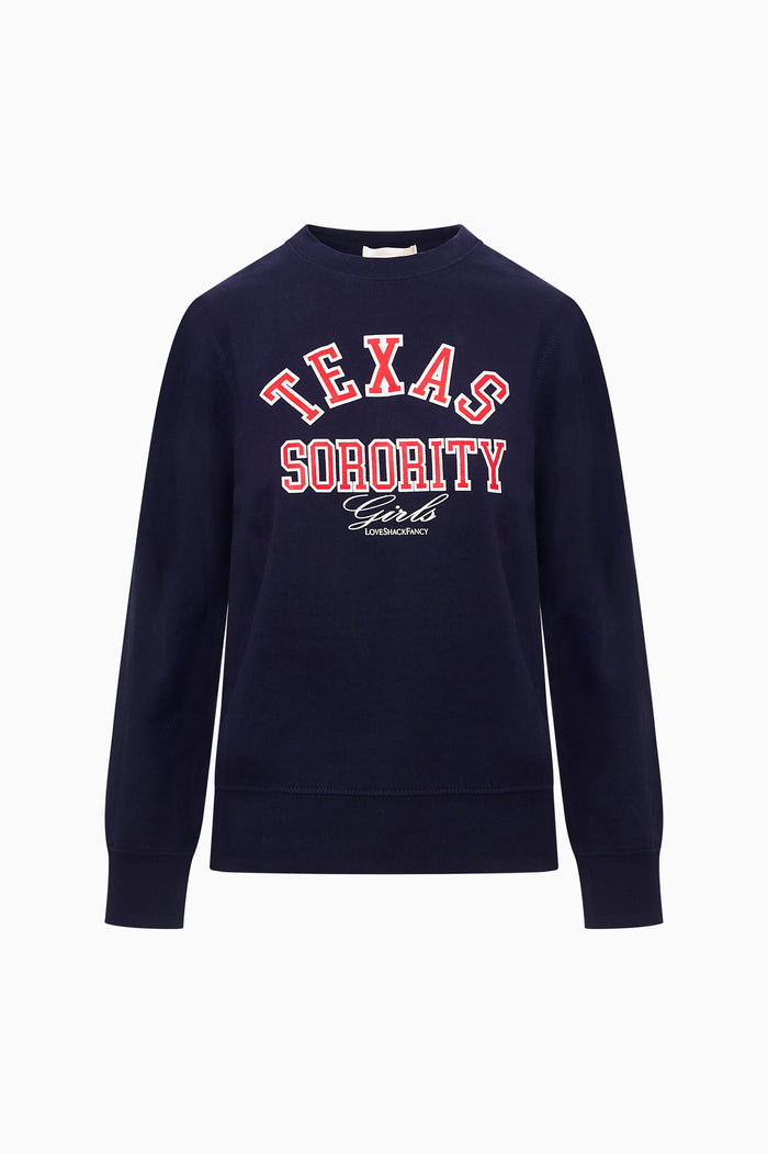 Navy long-sleeve sorority pullover with 'TEXAS SORORITY' front graphic