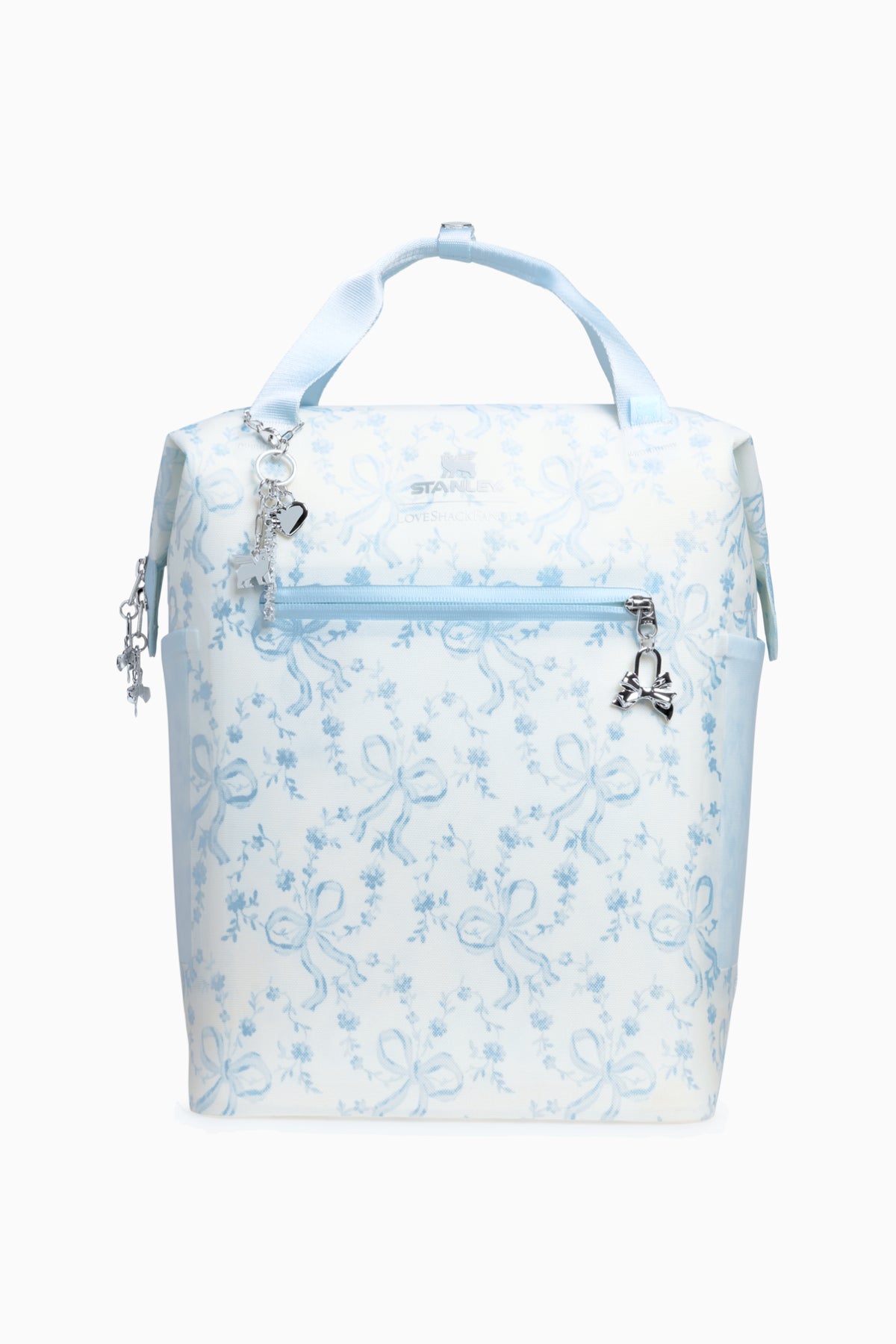 Stanley mini cooler backpack, light blue with floral print and zip top