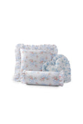 Set of light blue floral ruffle throw pillows with gathered edges and striped pattern