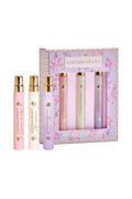 Travel perfume spray gift set with 4 pink floral bottles and gold caps in a box