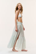 Umber cotton cover-up skirt in light celadon with small pattern, side slit, tiered maxi.