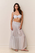 Floral maxi skirt with tiered ruffle tiers, elastic waistband, and side slit