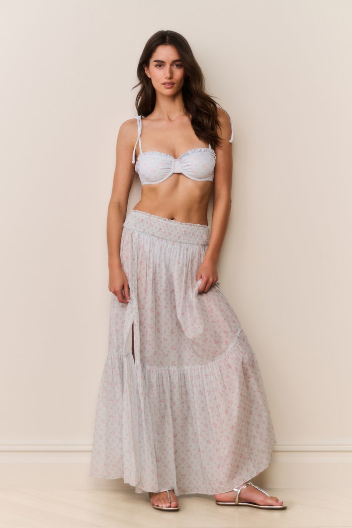 Floral maxi skirt with tiered ruffle tiers, elastic waistband, and side slit