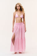 Umber cotton cover-up skirt in pink with small pattern, tiered maxi length.