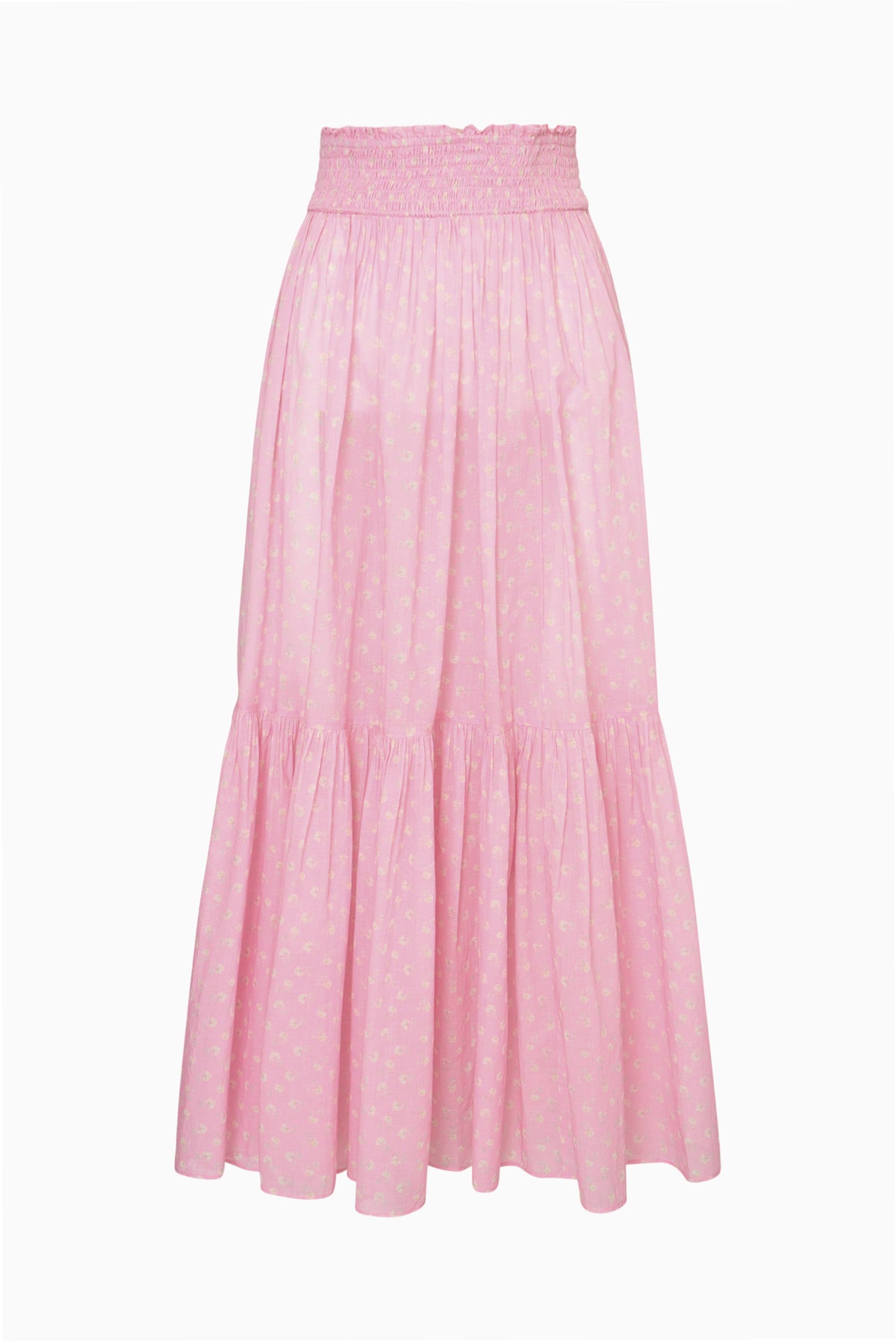 Umber cotton cover-up skirt in pink with small pattern, tiered maxi length.