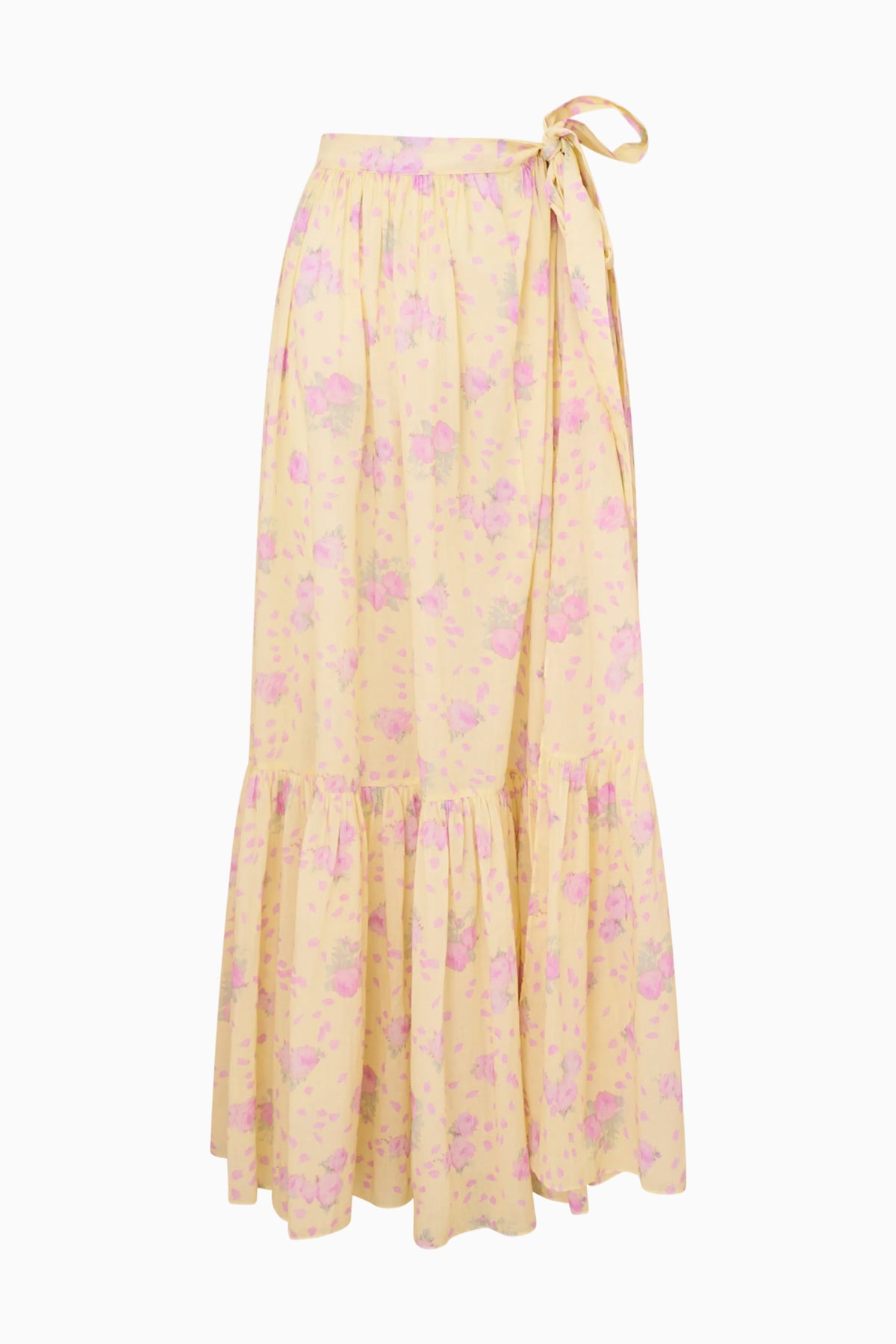 Floral maxi skirt with tiered ruffles, elastic waist, and bow tie