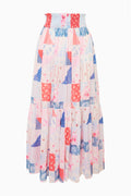 Patchwork print maxi skirt with tiered ruffle hem, red white and blue
