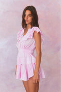 Peony pink tiered mini dress with short ruffle sleeves and gathered waist