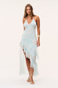 Front view light blue floral chiffon dress with V-neck straps and flowing ruffle layers