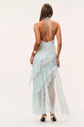 Back view light blue floral chiffon dress with halter tie and layered ruffle skirt