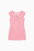 Girls pink tweed dress with cap sleeves and button-front placket, flat lay