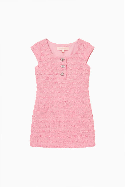 Girls pink tweed dress with cap sleeves and button-front placket, flat lay