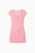 Pink tweed mini dress, cap sleeves, square neckline, button-front, textured fabric