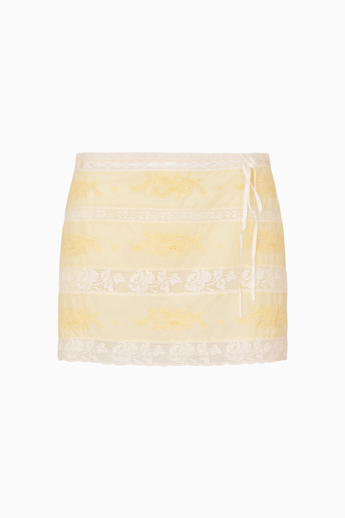 Lemon cotton Victorian mini skirt with lace trim and sheer paneling