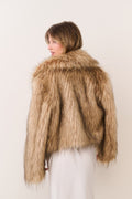 Faux fur jacket in burnt caramel, back view with full shoulders and hip-length shaggy fur.