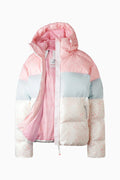 Pink hooded puffer jacket with color-block panels and visible front zipper.