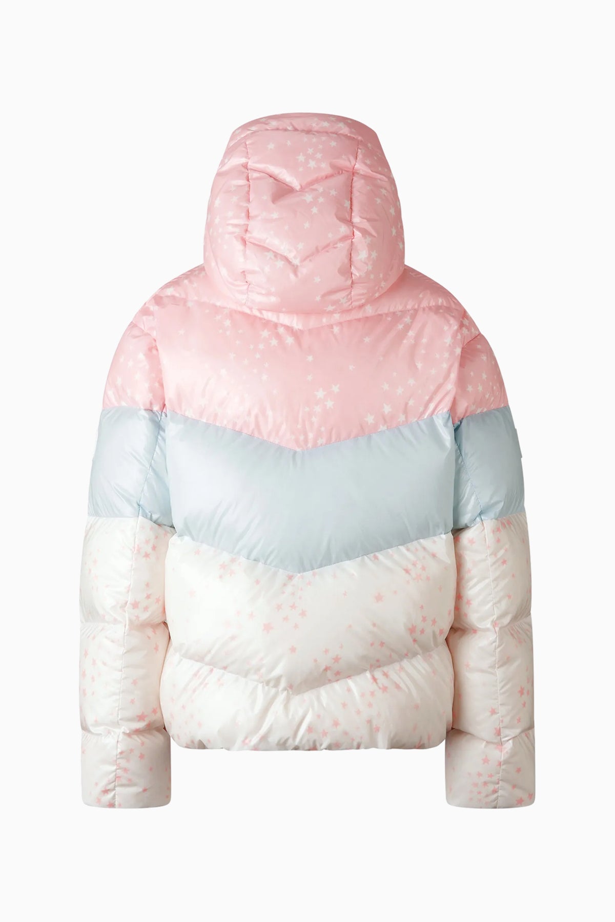 Pink, white and light blue hooded puffer jacket with full-length zipper.