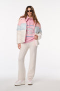 Pink hooded puffer jacket with light blue sleeves and color-block quilting.