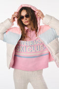 Hooded puffer jacket with pink-and-light-blue panels and faux-fur cuffs.