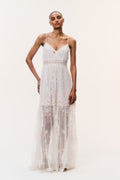 Ivory embroidered tulle maxi dress with spaghetti straps and V-neck, tiered skirt