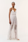 Ivory embroidered tulle maxi dress with spaghetti straps and tiered lace panels