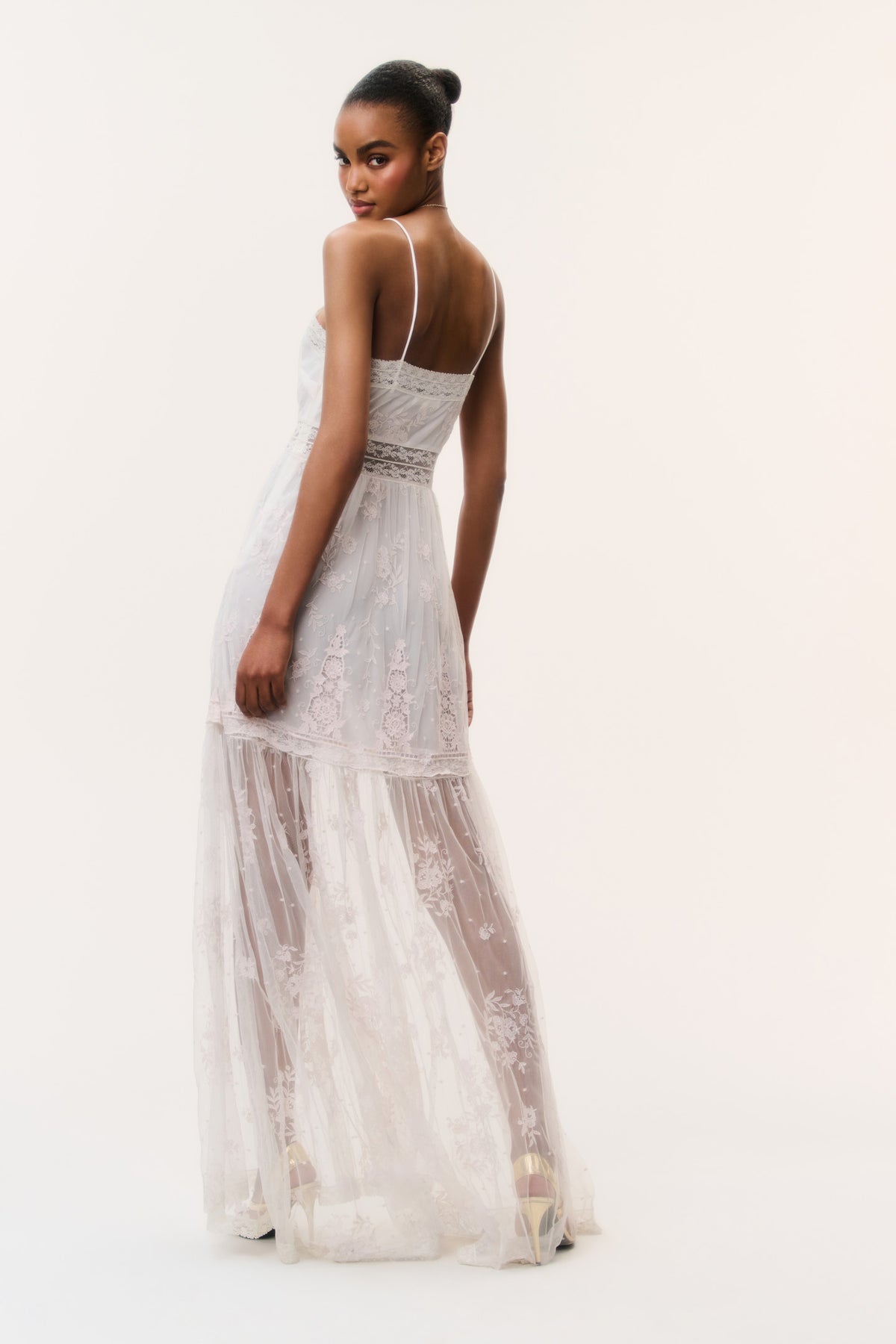 Ivory embroidered tulle maxi dress back view with thin straps and openwork tiers
