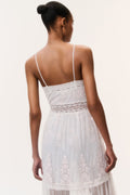 Ivory embroidered tulle maxi dress, open-back design with lace-trimmed tiers