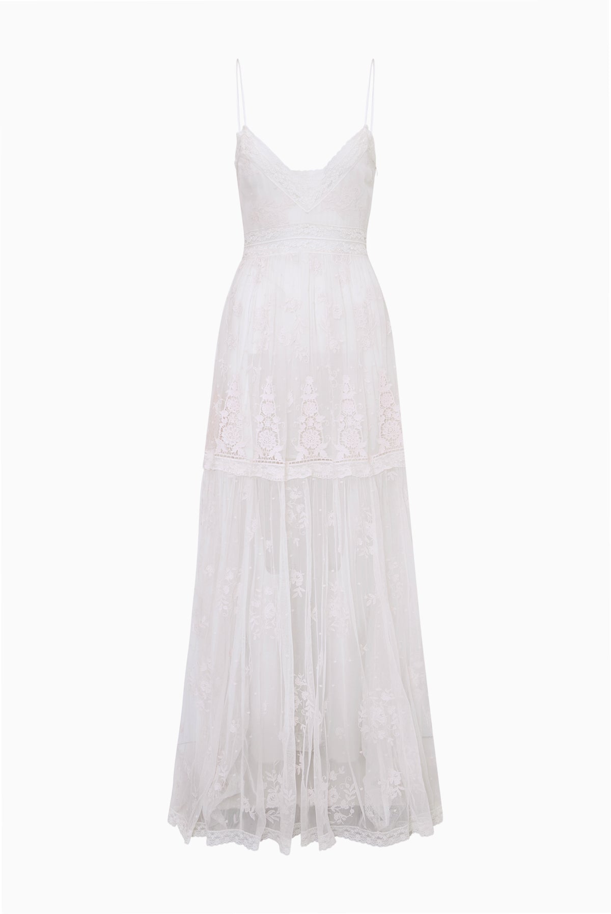 Ivory embroidered tulle maxi dress with spaghetti straps and layered skirt