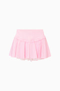Pink gingham print active skort with ruffled hem and elastic waistband