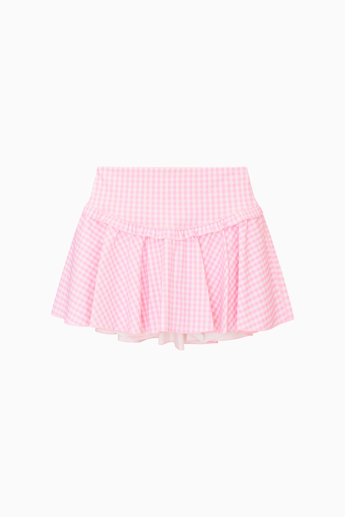 Pink gingham print active skort with ruffled hem and elastic waistband