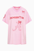 Pink jersey V-neck dress with Crimson Tide text and A logo graphic, front view