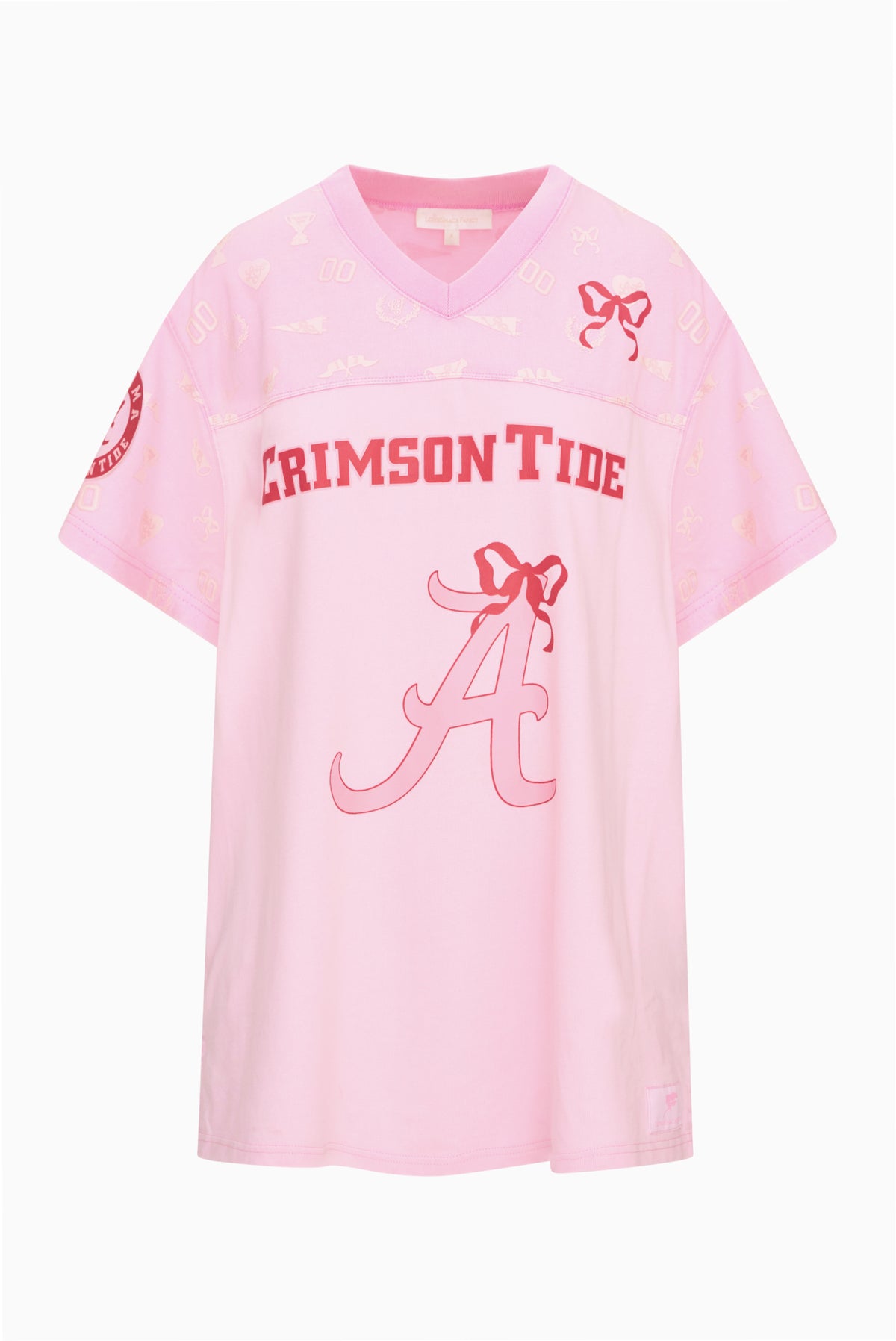 Pink jersey V-neck dress with Crimson Tide text and A logo graphic, front view