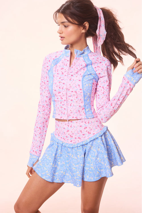 Floral active jacket with light-blue collar and zipper front, pink long sleeves